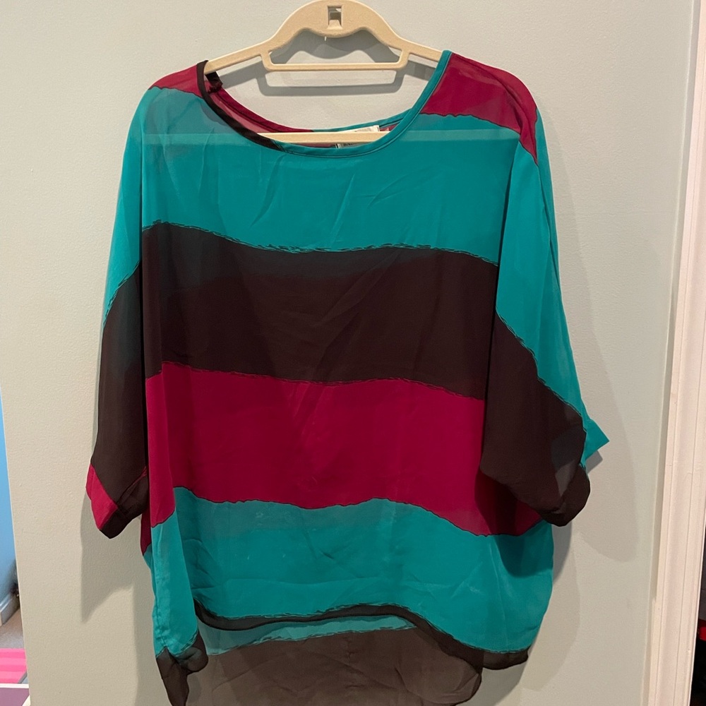 Green and Burgundy Oversized Sheer Blouse with Boxy Fit